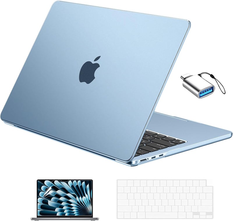 Eoocoo حافظة متوافقة مع ماك بوك إير 13 بوصة 2026 2025-2022 طراز M4 M3 M2 A3240 A3113 A2681، ماك إير 13.6 بوصة غير لامعة صلبة وغطاء لوحة المفاتيح وفيلم الشاشة وType-C، أزرق سماوي فاتح - Image 1